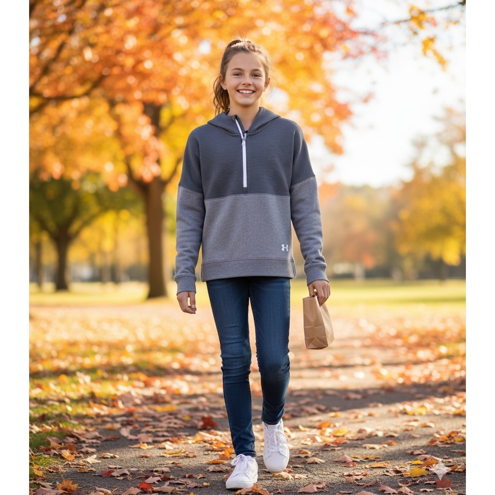 Girls Under Armour Threadborne Ridge Hoodie Two Tone Gray 1/2 Zip Pullover YS